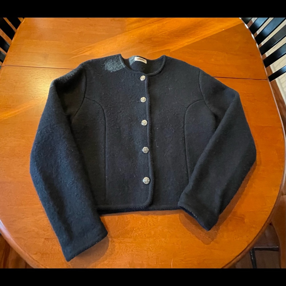 Boiled wool jacket, black, cute buttons. Fur friendly, nonsmoking home.